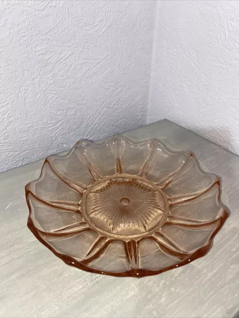 Coral Pink depression glass wavy edged Flower Shaped bowl 21cm