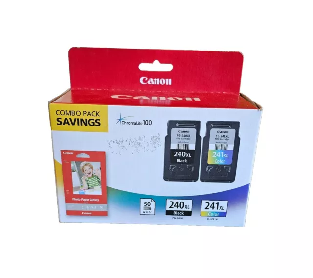 Canon Ink 240 XL Black & 241 Xl Color ChromaLife100 Glossy Photo Paper Sealed