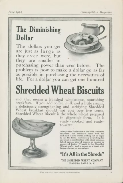 1914 Shredded Wheat Biscuits Diminishing Dollar Bananas Vtg Print Ad CO6