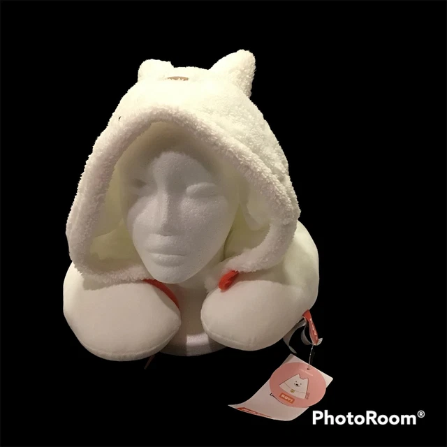 White Fuzzy Dog Hooded Neck Pillow Roy6  Microbeads  Travel New