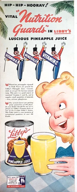 Libbys Pineapple Juice 1943 Vtg Print Ad 5x13 Nutrition Guards Blonde Girl