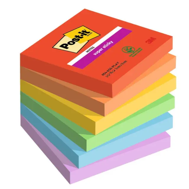 Blocco Post it® Super Sticky - 654-6SS-PLAY - 76 x 76 mm - colori Playful - 90 f