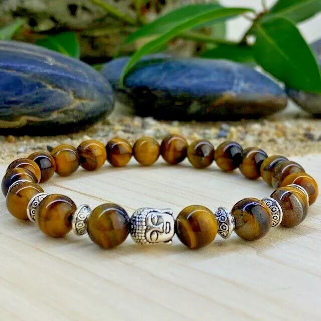 Bracelet Homme femme Oeil du Tigre Tibet argent Bouddha Lithothérapie