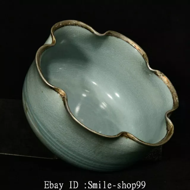 5.7" Old China Ru Kiln Porcelain Gild Dynasty Palace Flower Shape Pen Wash Bowl