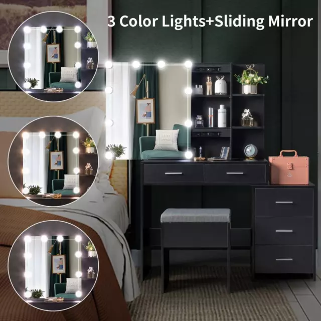 Vanity Makeup Table Dressing Desk Set 10 LED Lighted Sliding Mirror with Stool