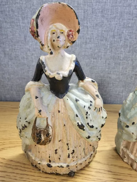 Hubley Cast Iron Pair Southern Belle Maiden Doorstops 1920's 10 1/2 inches tall 3