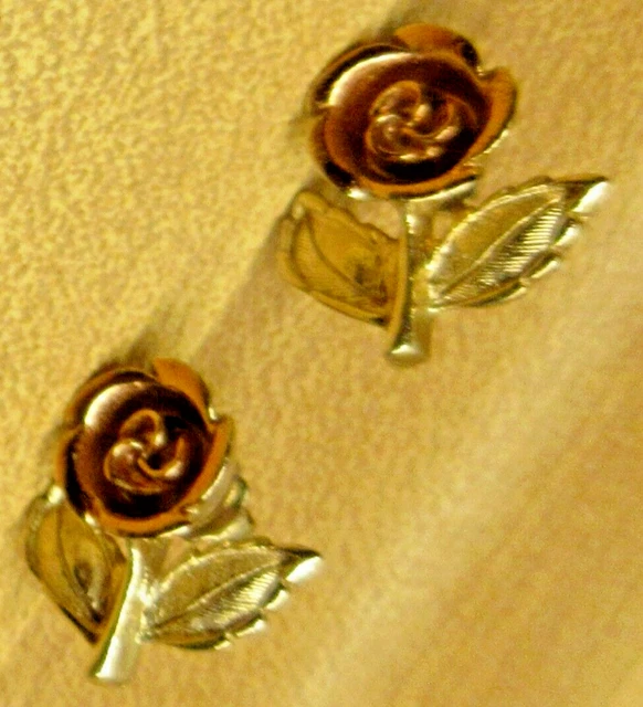 VTG SIGNED AVON gold tone metal pink pair stud rose flower leaf pierced Earrings