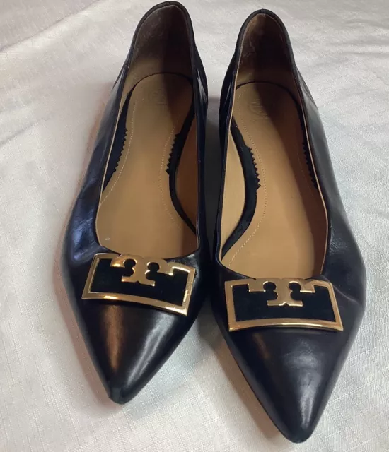 Tory Burch Shoes 11 Black Laser Ballet Flat Shoes Signature Gold Metal