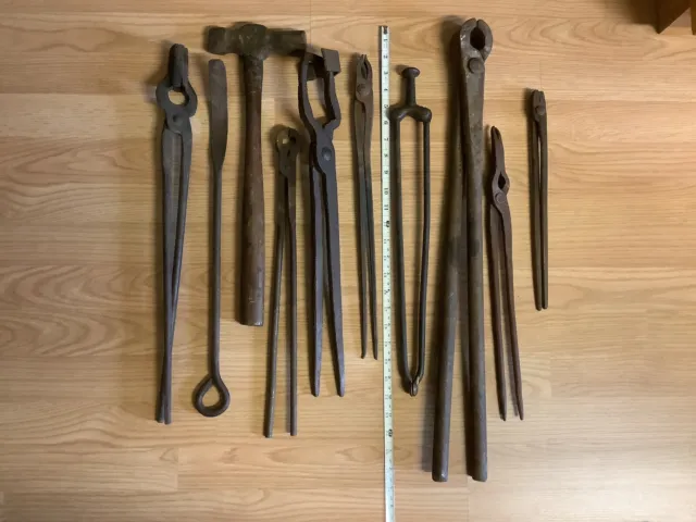 Lot Of 10 Vintage Blacksmith Tools Hammer Tongs Some Forged