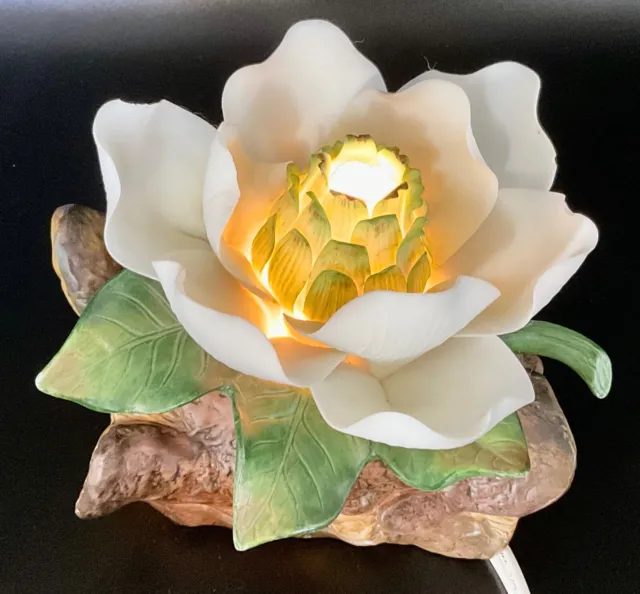 Magnolia Flower Porcelain Night Light On a Log Delicate Vanity Bathroom Decor