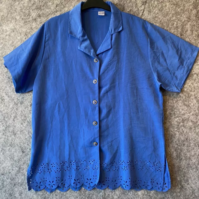 Camicia camicetta vintage 16 blu anni '70 a maniche corte ricamo inglese senza marchio