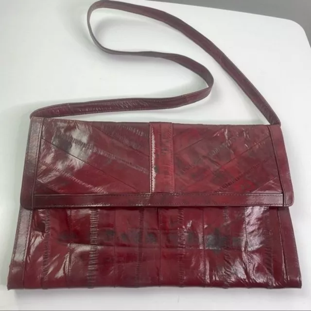 Vintage 1980's Genuine Eel Skin Purse Handbag Maroon Shoulder Bag Clutch/ Purse