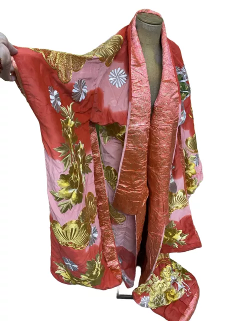 Japanese Silk Kimono Robe Uchikake Wedding Embroidery Orange Gold Antique 
