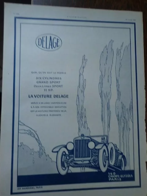 DELAGE 11 HP 6 cyl, Grand Sport et 2 litres sport pub papier l'ILLUSTRATION 1922