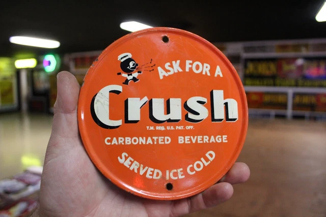 RARE 1950s ASK FOR CRUSH ORANGE SODA POP STAMPED PAINTED METAL SIGN COKE PEPSI