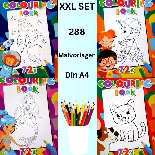 XXL Malbuch SET für Kinder, 288 Ausmalbilder  Din A4 Ausmalen Malen Zeichnen