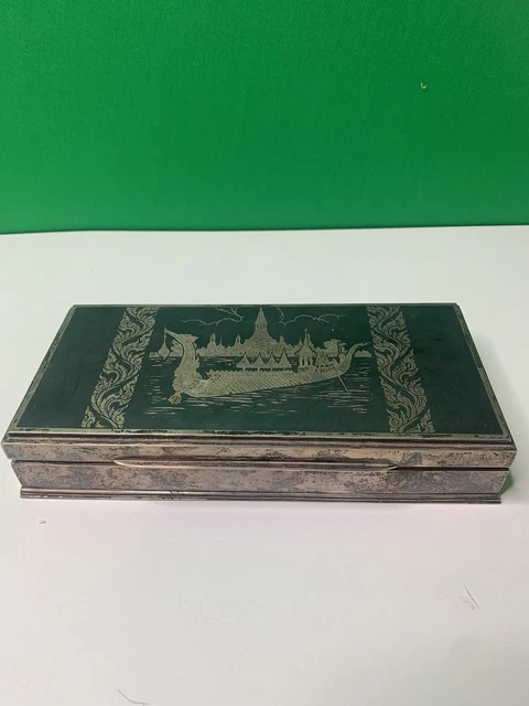 Vintage Engraved Siam Silver Box Wood Lined 411 grams (14.5 oz)