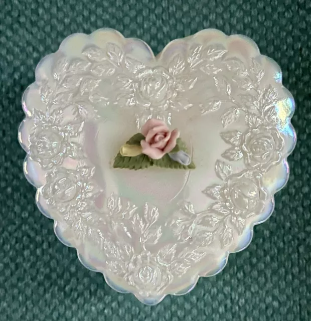 Fenton Iridescent Pearly Sentiments Heart Shaped Trinket Box w/Porcelain Rose