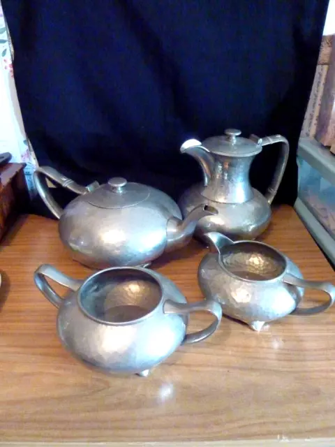 Lovely Art Nouveau James Dixon Hand Hammered Cornish Pewter 4 Piece Tea Set