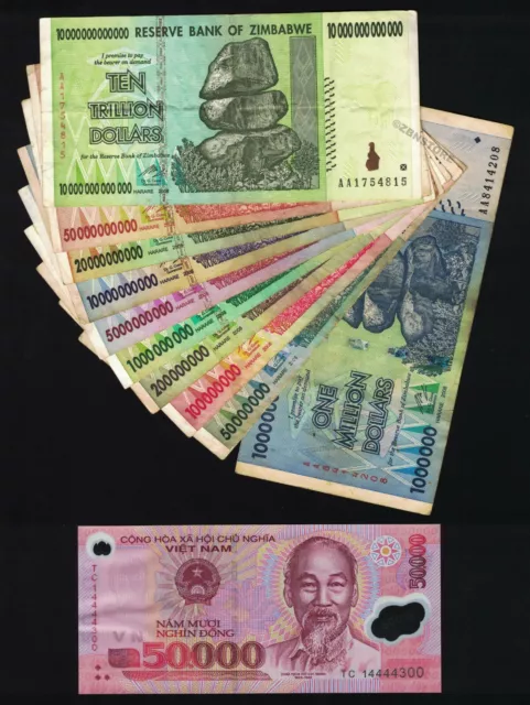 1 Million - 10 Trillion Zimbabwe Dollars Banknotes Set + 50,000 Dong Vietnam VND