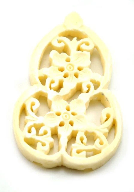 Vintage Asian Bone Carved Bead Disc Carve Style Charm Pendant Gourd Bird Cage