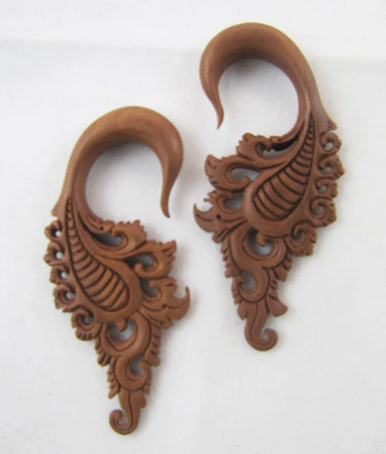 Pair Handmade Organic Sawo Wood Hoop Paisley Ear Gauge Hangers Plugs 4G-1/2" US