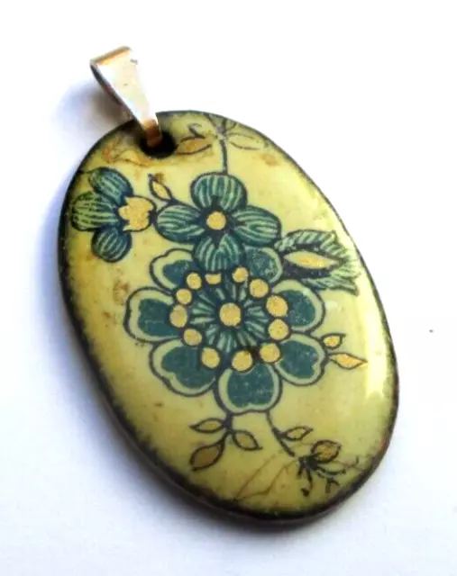 Ancien splendide Pendentif ovale en émaux d'art floral unique bijou vintage 2433