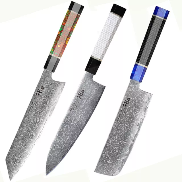 3Stk TURWHO Kiritsuke Nakiri Kochmesser Japan VG10 Damaszener Stahl Küchenmesser