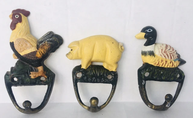 Lot of 3 Old Painted Cast Iron Farm Animal Wall Hooks Pig Rooster Duck