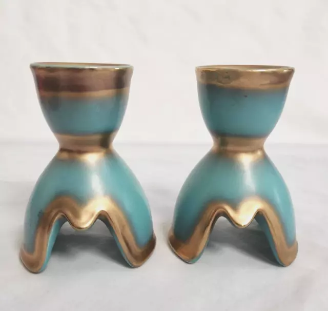 Keramos Art Deco Teal Gold Candle Holders Space Age Atomic Wien Austria Pottery