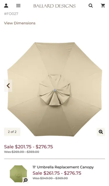 Ballard Designs Round Sunbrella 9" Canvas White umbrella replacement Canopy New
