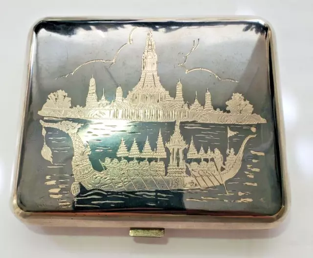 Vintage Siam Sterling Silver Niello DRAGON BOAT, Goddess Cigarette Case 4011/3