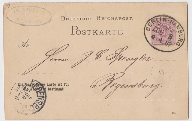 DR GA 5 Pf. 1887 Bahnpost Berlin - Hamburg nach Regensburg
