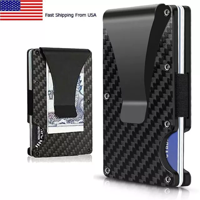 Mens Carbon Fiber RFID Blocking Clip Wallet Money Slim Credit Card AirTag Holder