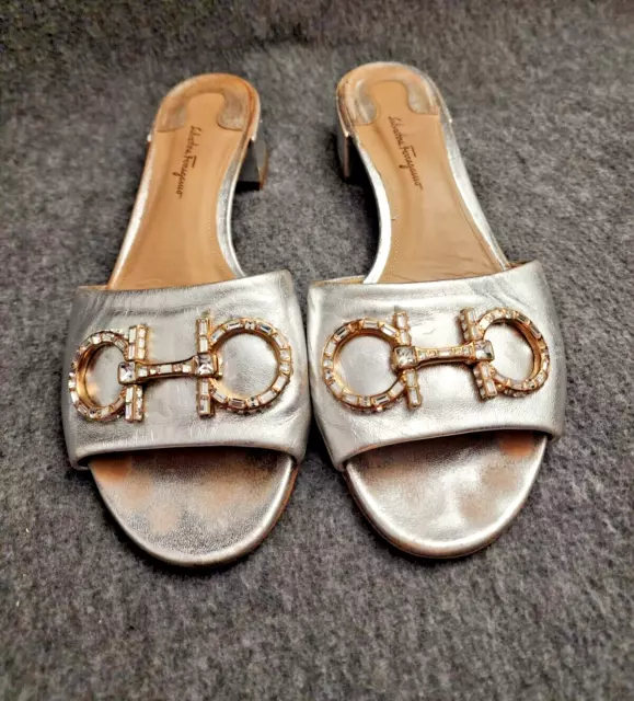 Salvatore Ferragamo Lampio Silver Crystals Sandals Rhinestones Slides Women 8 C