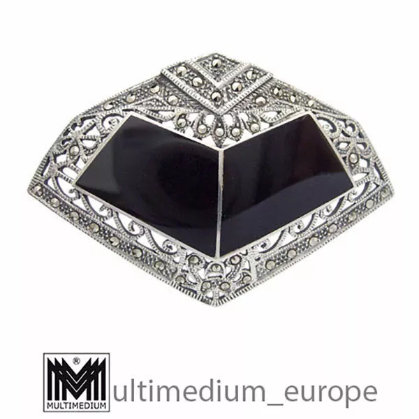 Silber Onyx Brosche Art Deco Stil Markasit silver brooch marcasite p