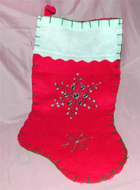 Lg Vtg Mid Century Xmas Stocking Hand Made Flannel W Beads, Sequins, Rhinestones