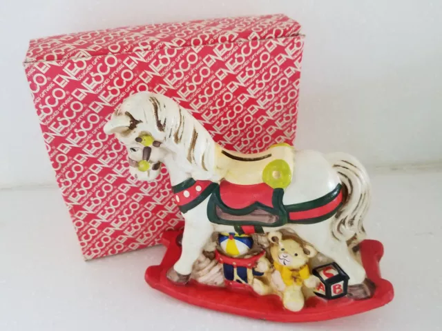 Ceramic Rocking Horse Piggy Bank 1981 by Enesco Hand Painted with Stopper In Box
