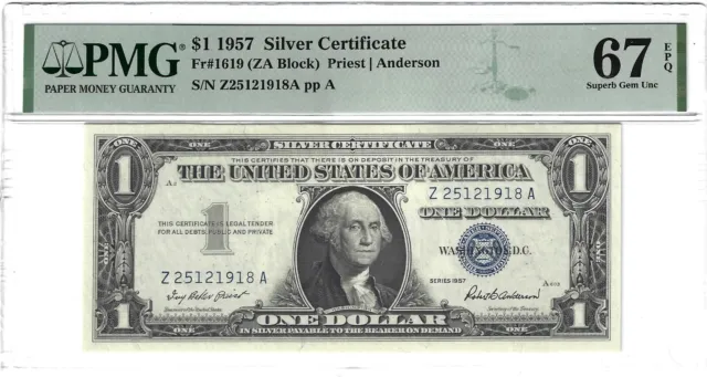 Fr. 1619 1957 $1 Silver Certificate Priest / Anderson, ZA Block PMG 67EPQ SUPERB