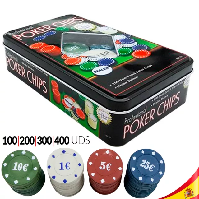 Juego de Poker 100 Fichas Numeradas con € Caja Metálica + Ficha DEALER y rack