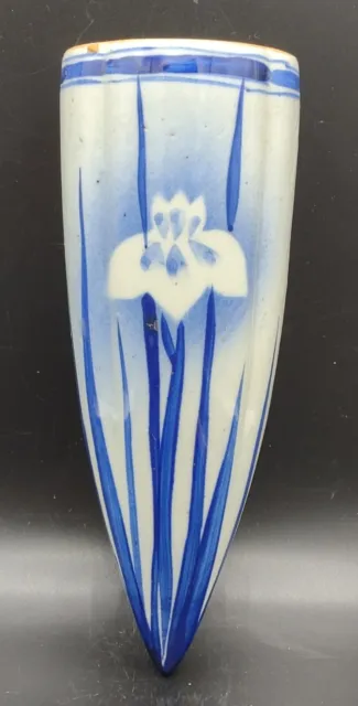Vtg Japanese Fukugawa Handpainted Redware Pottery Wall Pocket Siberian Iris 9"