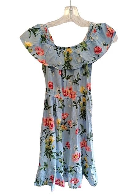 H&M Dress Size Age 8 10 Years Blue Multicoloured Cold Shoulder Off Girls Viscose