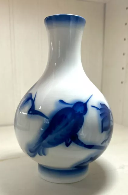 RUSSIAN Imperial Lomonosov Porcelain Vase Cobalt Blue Flowers Bird 6.5”Excellent