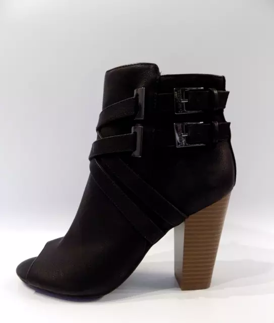 Guess Black Ankle Boots Womens Size 5 High Block Heel Peep Toe Zip Buckles Smart