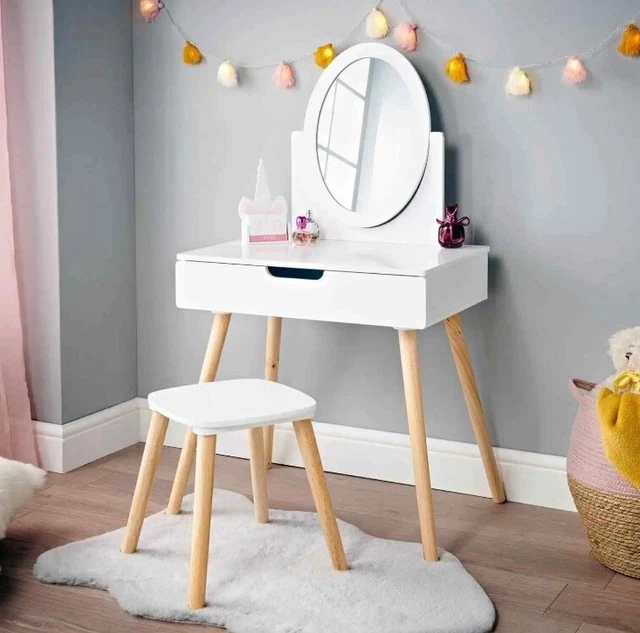 Juego de tocador Heidi con taburete y espejo blanco para niñas maquillaje vestidor decoración