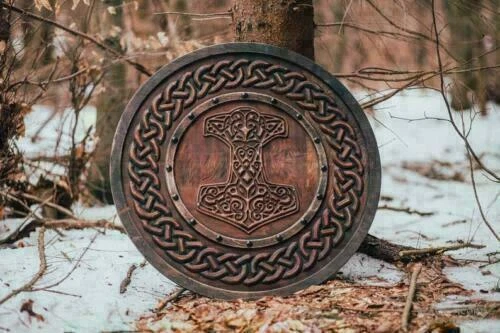 Bouclier Viking avec marteau sculpté de Thor Mjolnir Marvel Asgard Avengers