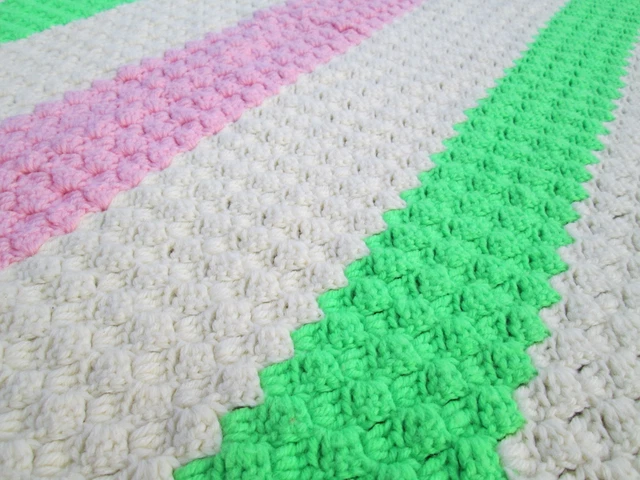 Vintage 31"x44" Baby Blanket Ivory Pink Lime Green Crocheted Afghan Throw Retro