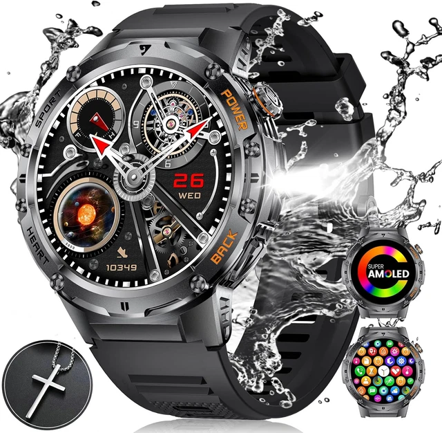 ESFOE Orologio Smartwatch Uomo con Torcia LED(3 Cinturini),1,43'' AMOLED Militari Smart Watch con impermeabile 5ATM,530 mAh Fitness Tracker Contapassi 120+ Modalità Sport robusto orologio con Chiamate