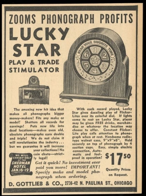 1938 Gottlieb Fortunato Stella Jukebox Luce Premio Macchina Foto Trade Stampa Ad