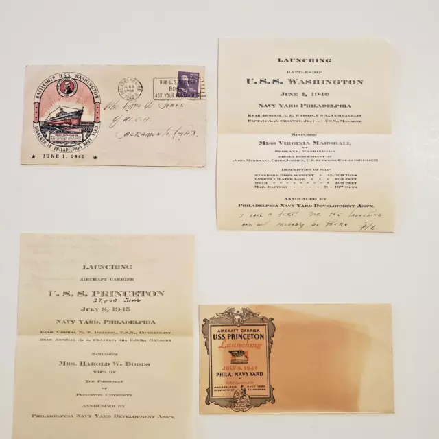 USS Washington 1940 & USS PRINCETON 1945 launching invites w/envelopes and notes